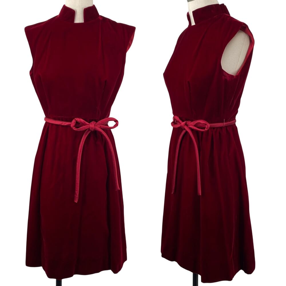 Vintage 60s Velvet Belted Tie Waist Mini Dress High Neck Stand Collar Maroon Red